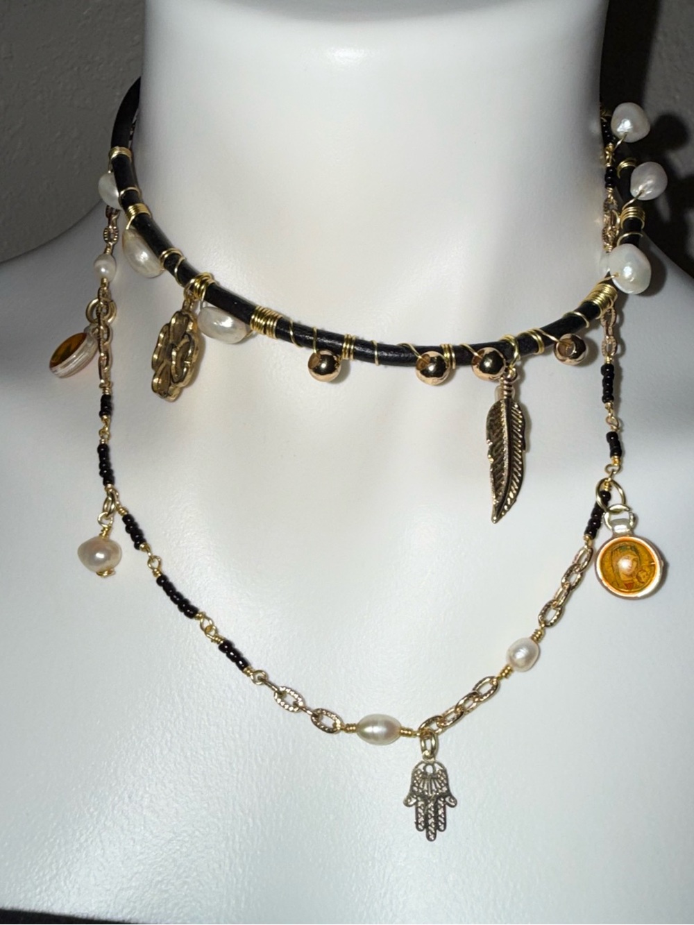 Layered Gold Charm and mother of Pearl Necklace